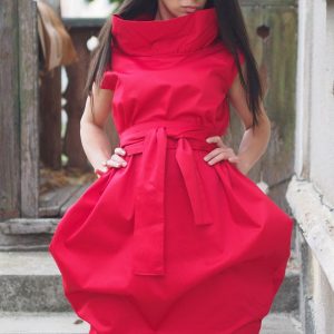 Bold Red Avant Garde Cocoon Dress With Belt