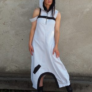 White Hooded Drop Crotch Dress Sleeveless Avant Garde