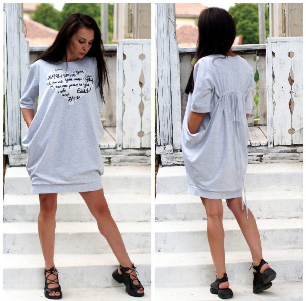 Women Oversize Dress Summer Midi Grey Casual Loose