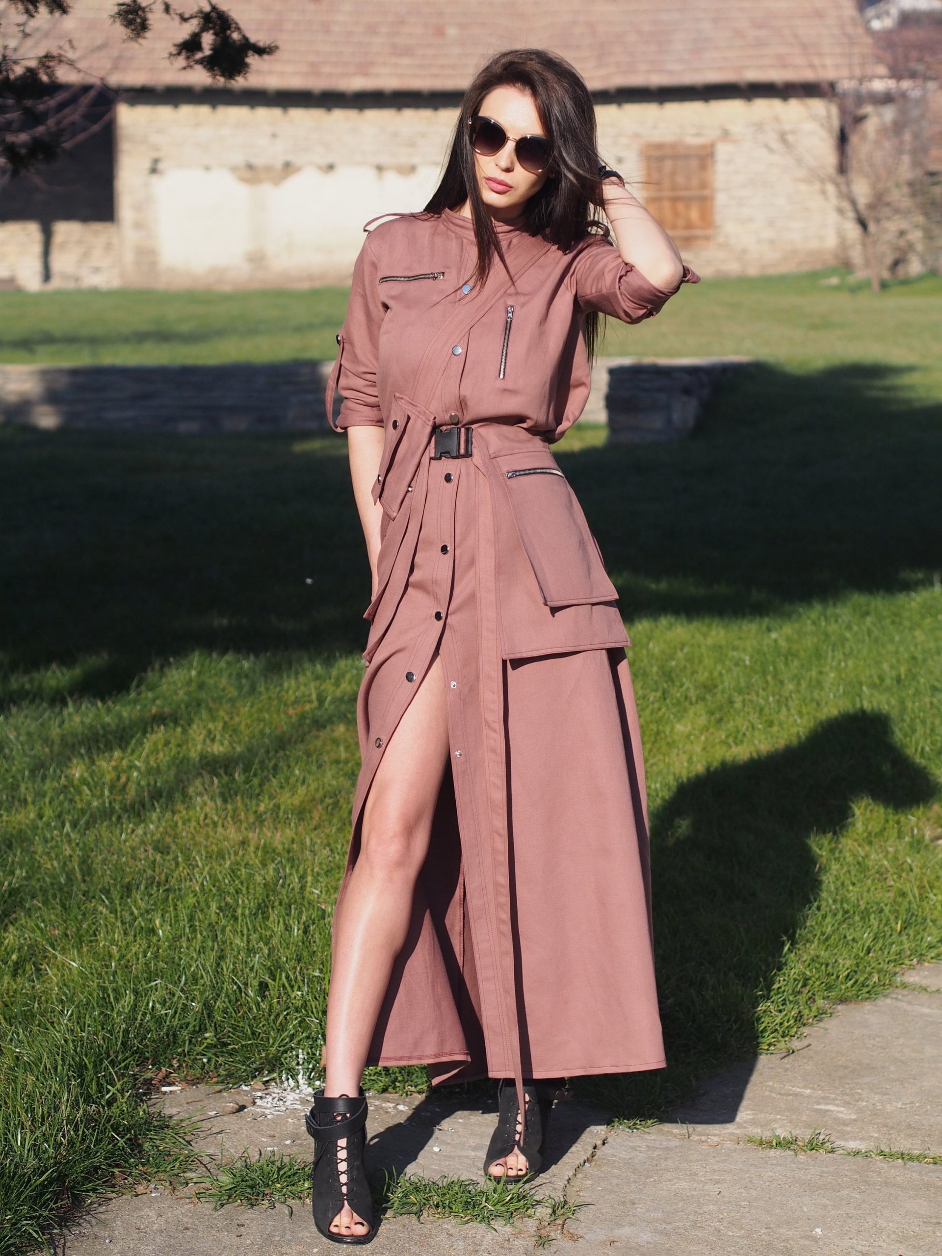 Utility Style Belted Shirt Dress Long Button Down