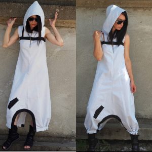White Hooded Drop Crotch Dress Sleeveless Avant Garde