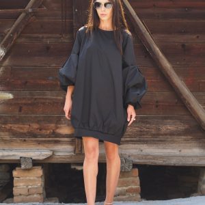 Women Oversize Dress Black Maxi Sleeve Extravagant Loose