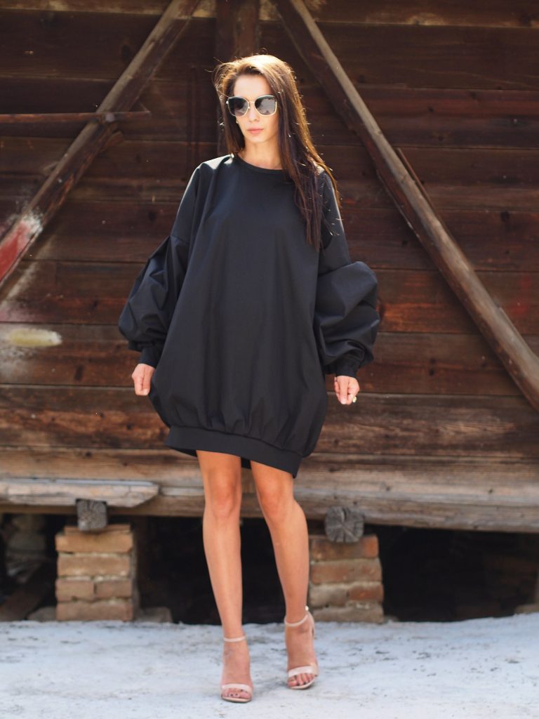 Women Oversize Dress Black Maxi Sleeve Extravagant Loose