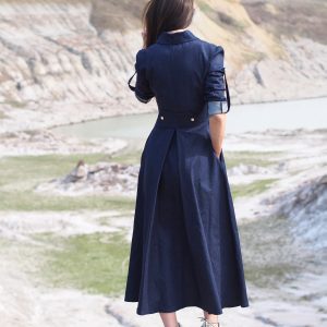 Navy Blue Denim Maxi Shirt Dress Long Button