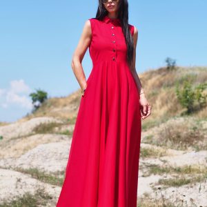 Sleeveless Red Shirt Dress Elegant Collared Maxi With