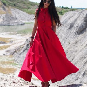 Sleeveless Red Shirt Dress Elegant Collared Maxi With