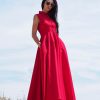 Sleeveless Red Shirt Dress Elegant Collared Maxi With