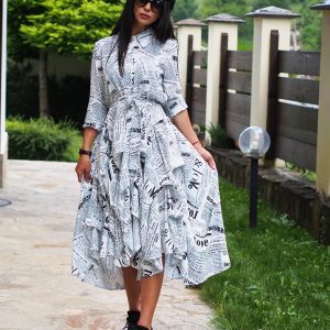 Print Flared Shirt Dress With Sleeves Casual Button
