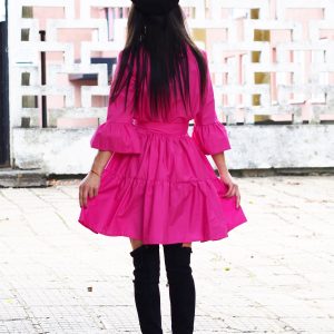 Black Cotton Shirt Dress With Belt Ruffle Long