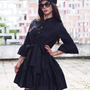 Black Cotton Shirt Dress With Belt Ruffle Long