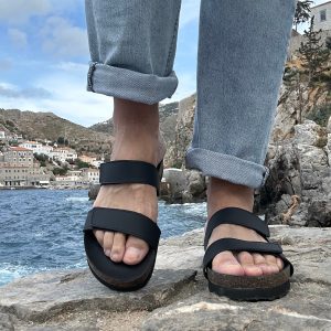 Men's Leather Sandals Black Slip On Greek Slides