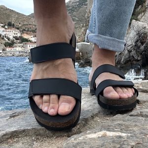 Men's Leather Sandals Black Slip On Greek Slides